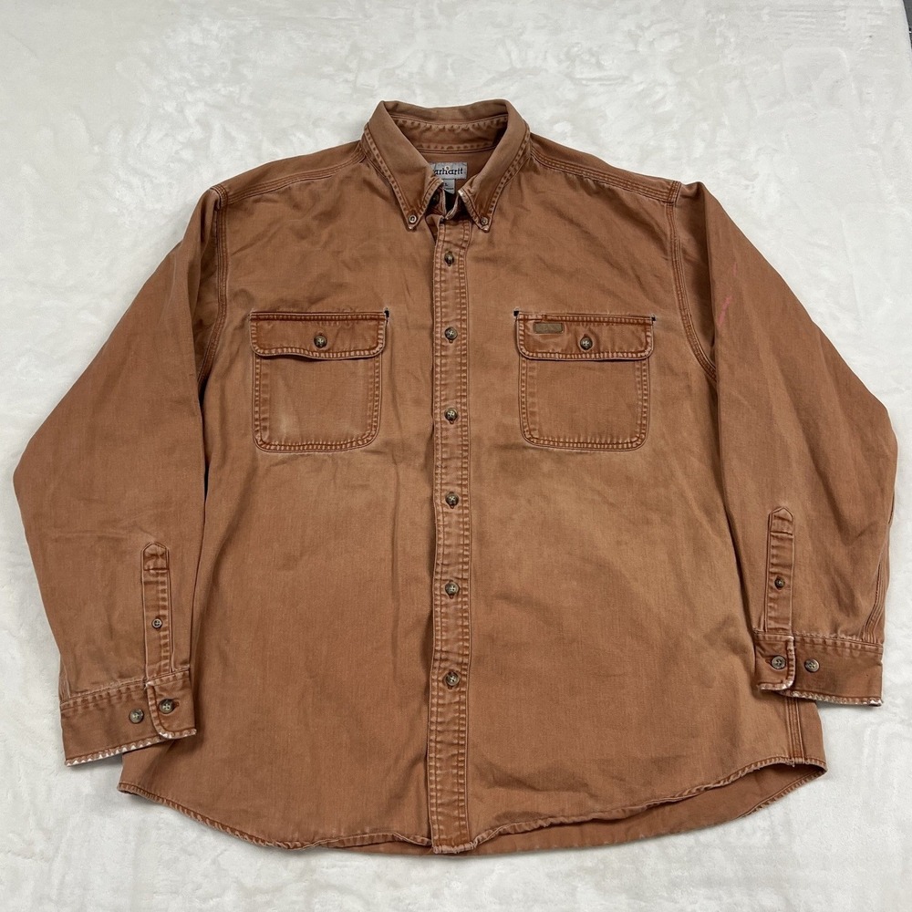 Carhartt Button Down Shirt Mens XL Brown Cotton Canvas Workwear S09SIE